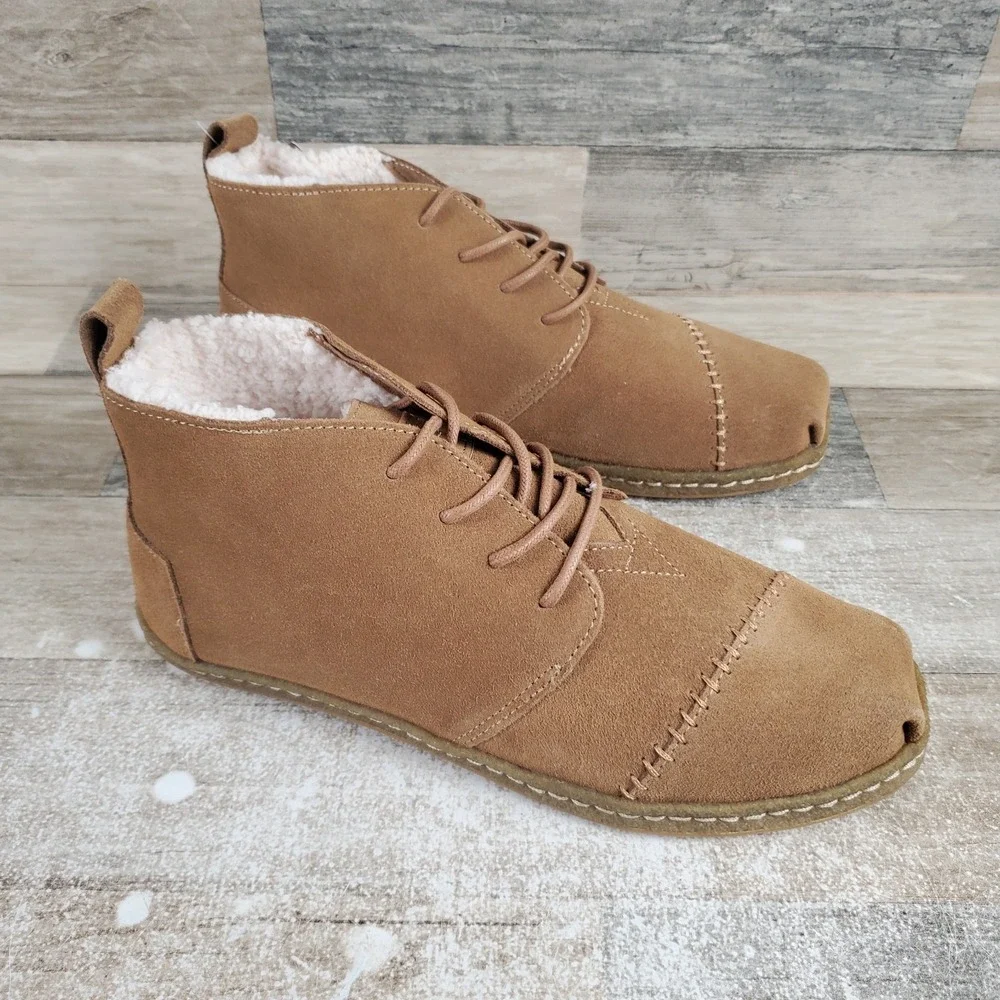 Toms‎ Toffee Bota Boots Mens Sz 8 Faux Shearling Suede Lace-Up